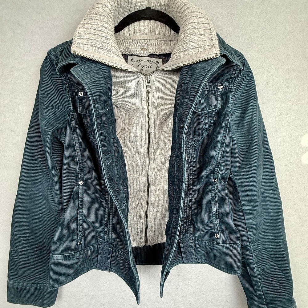 Vtg Esprit Teal Corduroy Trucker Jacket Removable Lambswool Dickey Y2K Size‎ S - Picture 7 of 16